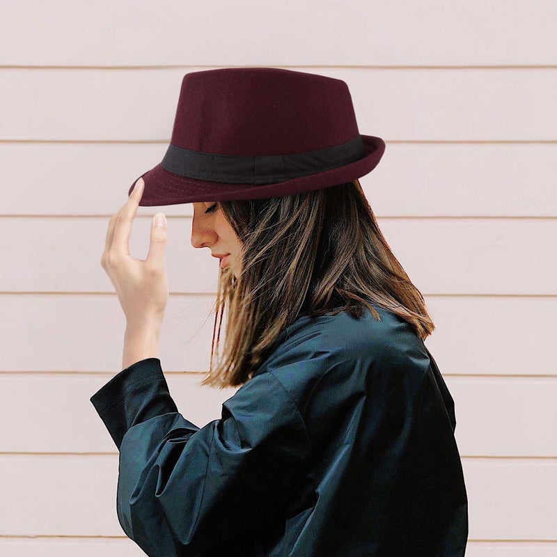 FALETO Unisex Classic Manhattan Fedora Hat with Black Band Fashion Casual Jazz Wool Cap (Wine Red) - Image 2